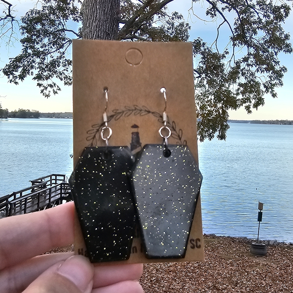 Handmade Resin Gold and Black Goth Coffin Beautiful Beacons 925 Silver Earrings